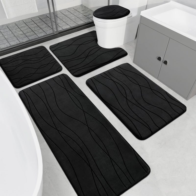 Memory Foam Black Bathroom Rug Sets 5 Piece, Ultra Absorbent Bath Mat for Bathroom - Non-Slip Machine Washable & Dry Quickly, 5 Piece Bathroom Mat Set, Black