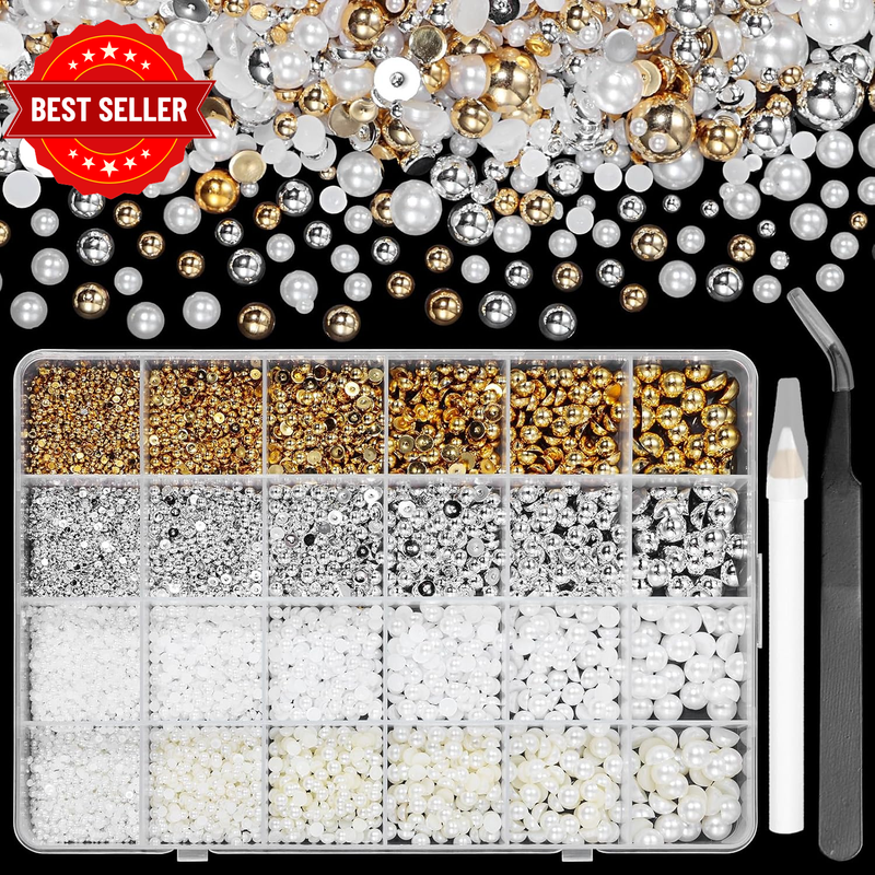9000 Pcs Gold Silver Flatback Pearls for Crafting, Half round Nail Pearls, Silve