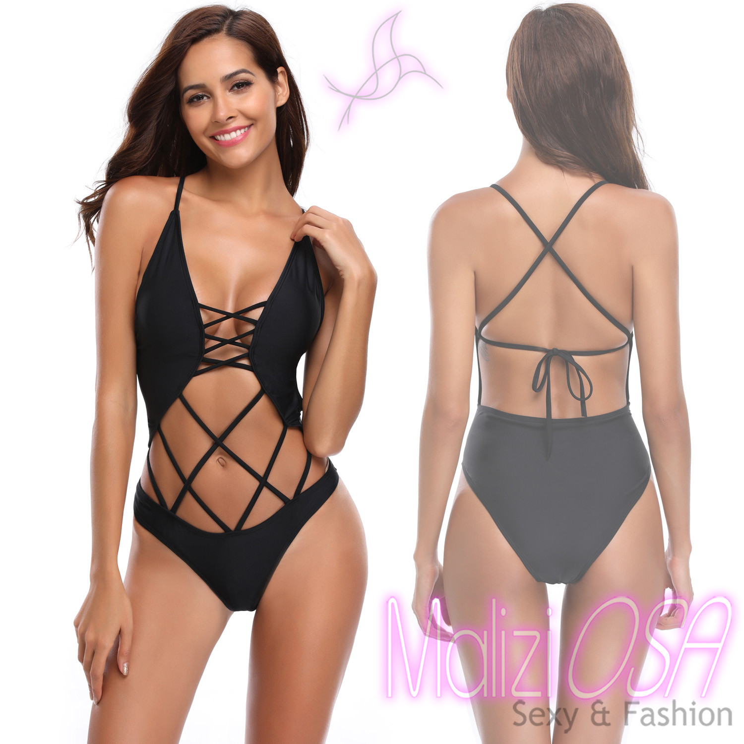 Monokini Costume da Bagno Sexy Moda Mare Donna Nero Intero Nero