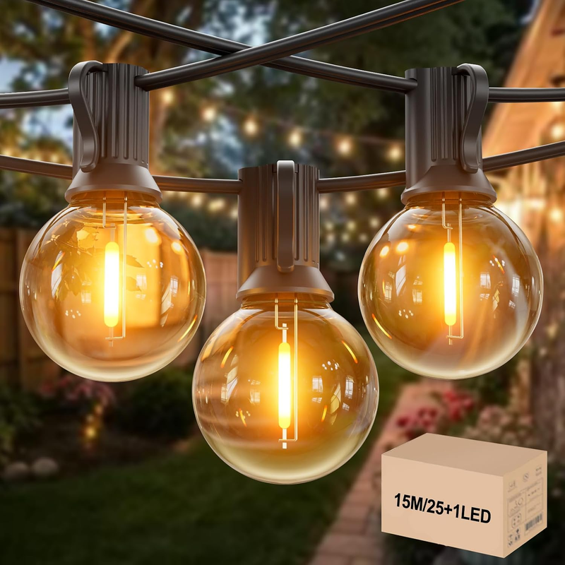 15M Lichterkette Außen Strom - IP45 Wasserdicht Mit 25+1 G40 Glühbirnen (Warmwei