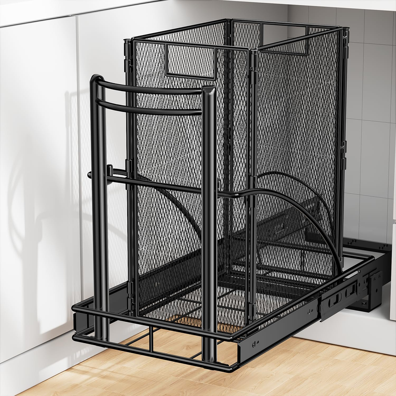 Cabinet Trash Can Pull Out Kit, Heavy Duty under Sink Garbage Can Pull Out and 30 Qt Metal Mesh Trash Can, Trash Can Drawer Slider for Kitchen Cabinet Counter, Trash Can Included-Black