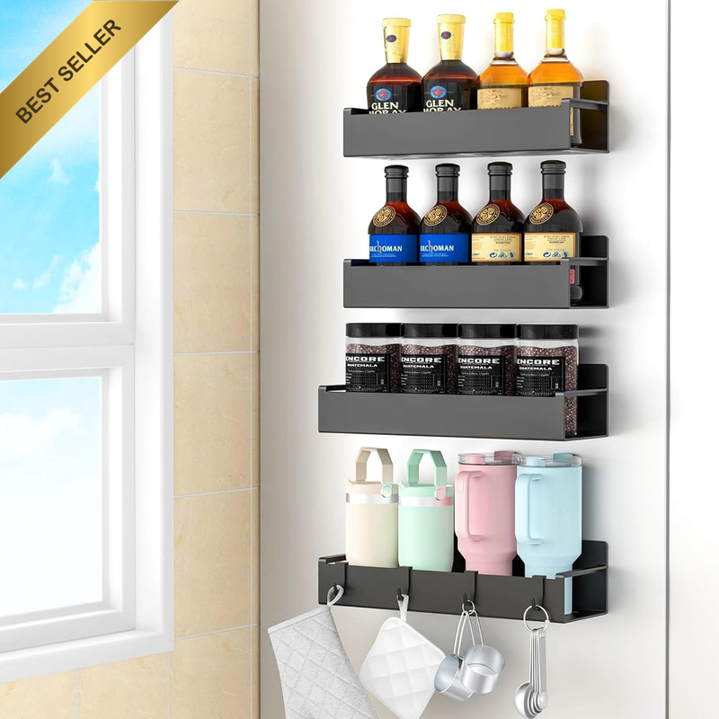 4Pcs Magnetic Spice Rack Organizer Metal Fridge Shelf for Kitchen Black