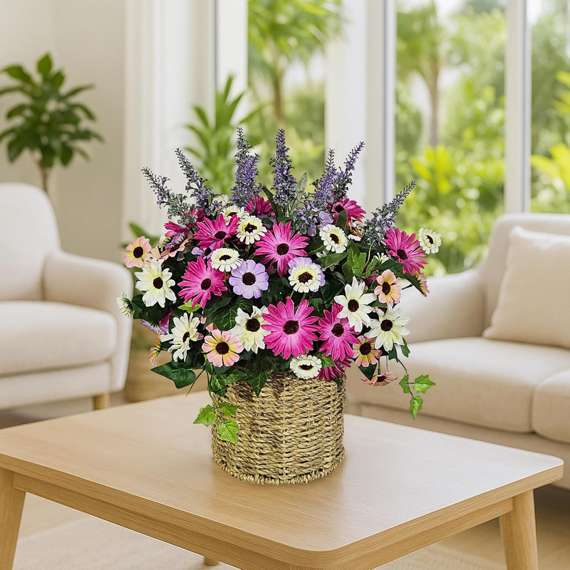 Artificial Flowers with Basket, Faux Silk Daisy, Fake Plant Ivy, Lavender for Centerpiece Table Decorations, Living Room, Dining Table, Farmhouse, Country Kitchen Decor, Summer Home Decoration