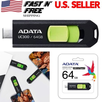 USB Flash Drive 64GB AData 3.2 UC300 Type-C Data Storage Stick Black/Green