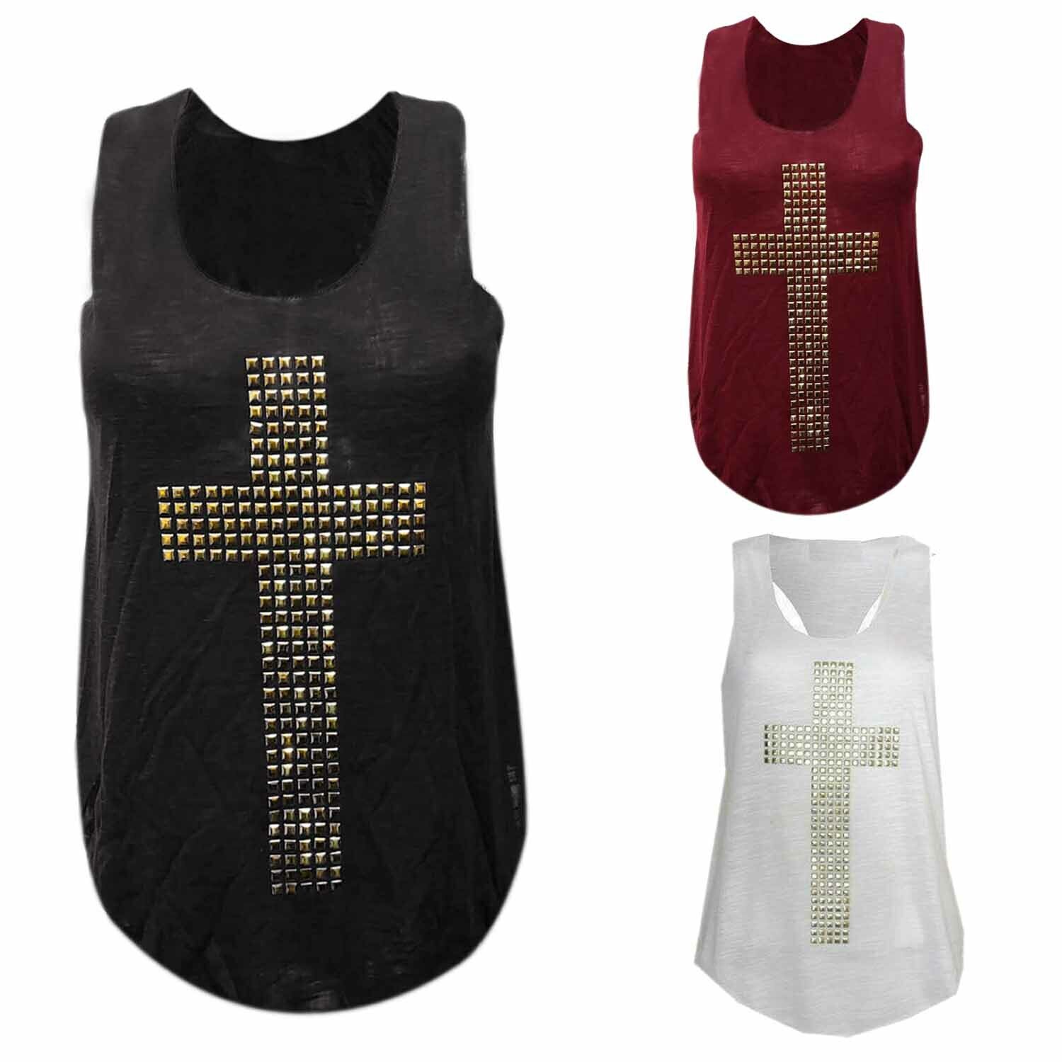 Ladies Vest Women STUDDED CROSS Gold Print tank Black Wine Ladies Vest Women STUDDED CROSS Gold Print tank Black Wine