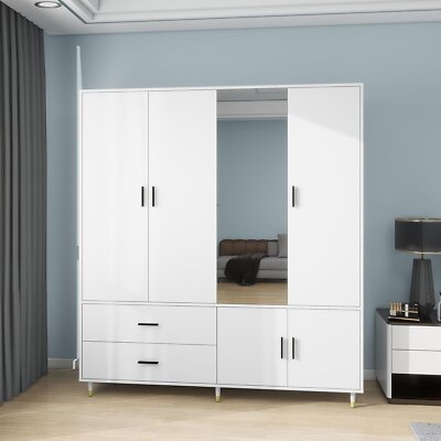 Wood Armoire Wardrobe Closet 4 Doors 2 Drawers Mirror Storage Cabinet Bedroom