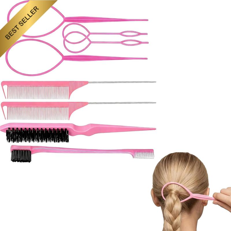 8 PCS Hair Brushes Set with 4 Topsy Tail Tools, Teasing Brush, Edge Control Brus