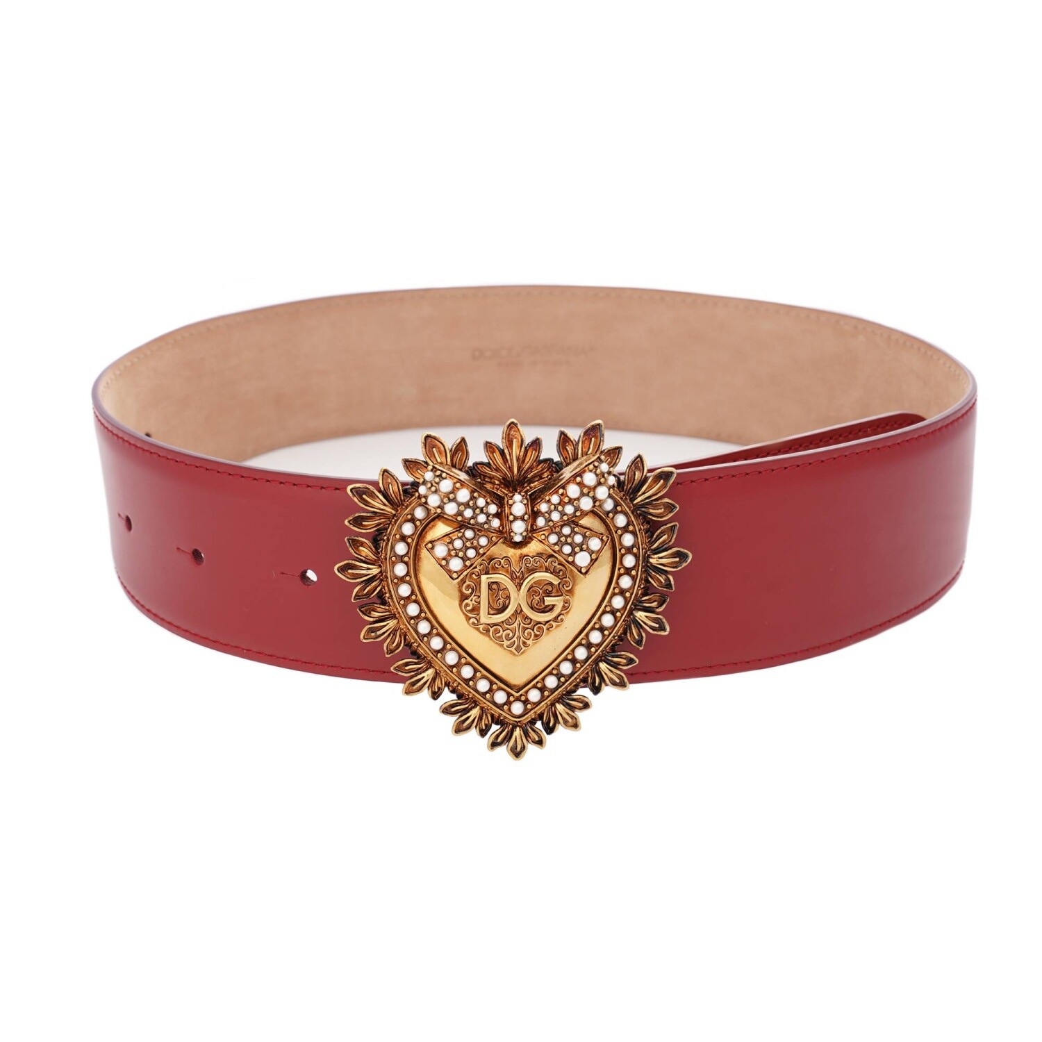 

DOLCE - GABBANA DEVOTION Кожаный деловой ремень с жемчужным сердечком Красное золото 75  XS 12850, Красный