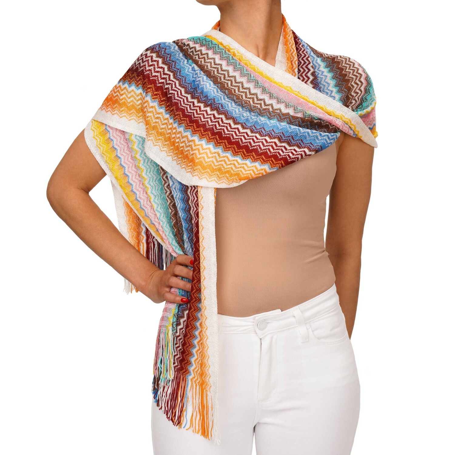 スカーフ MISSONI Woman Scarf Multicolor SA73WOD9847 0001 Missoni Zigzag Large Scarf Foulard Orange White Yellow Blue