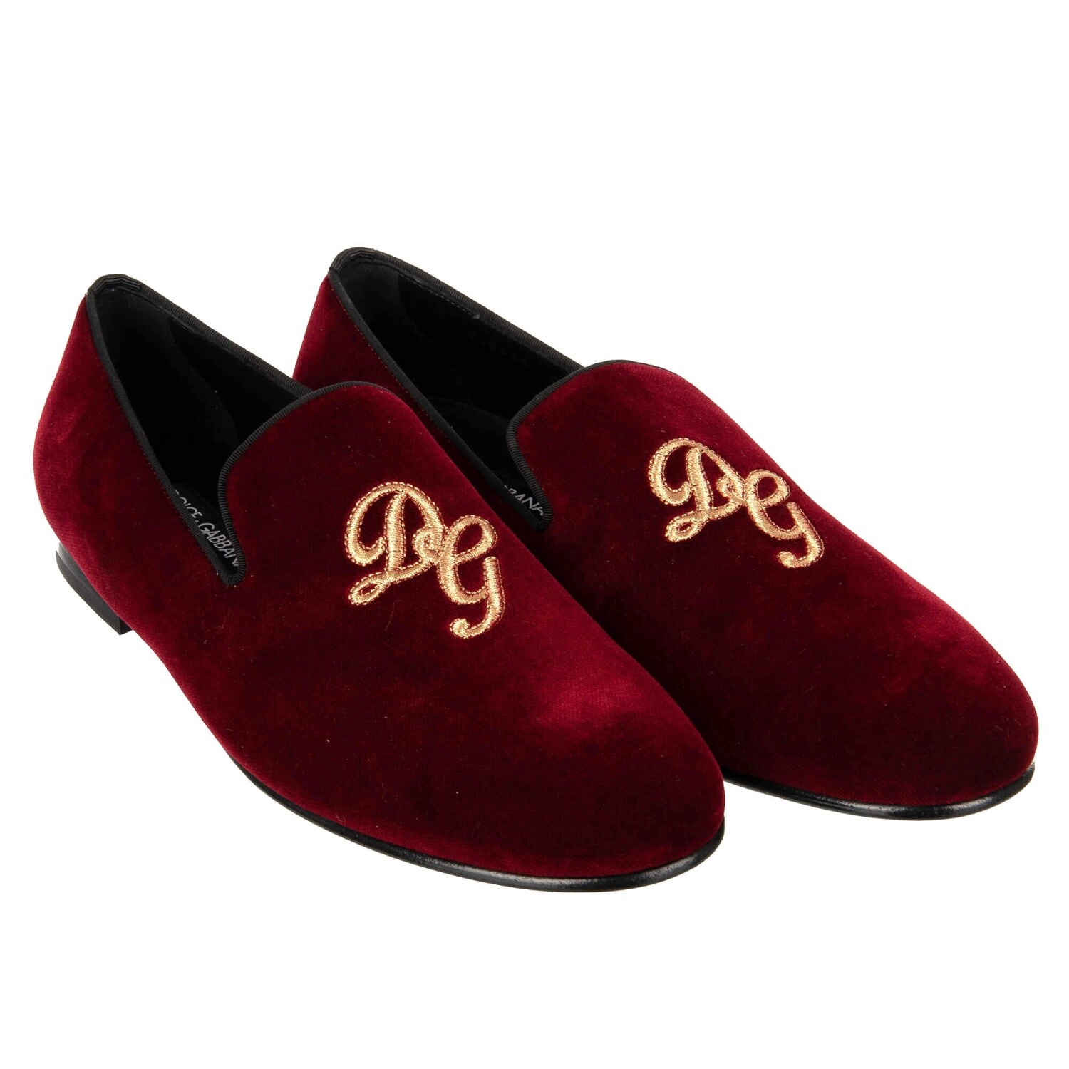 Pre-owned Dolce & Gabbana Velvet Loafer Shoes Amalfi With Logo Embroidery Red Gold 11047