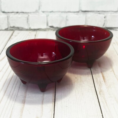 Pair Vintage Royal Ruby Red 4 Toed Glass Salsa Bowls