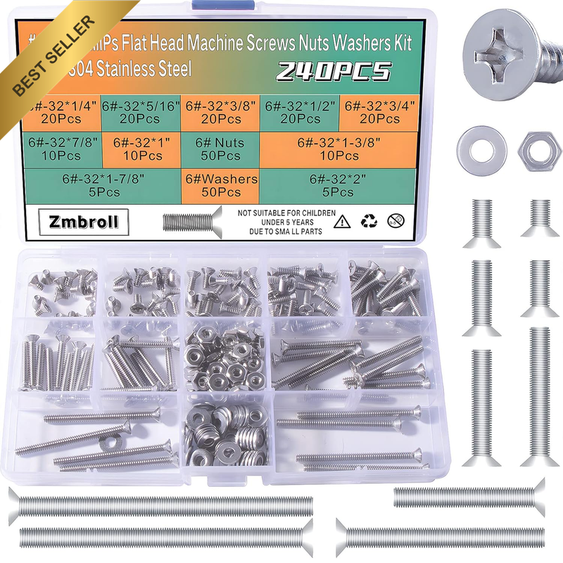#6-32 240Pcs Flat Countersunk Head Phillips Cross Screw 304 Stainless Steel Fast