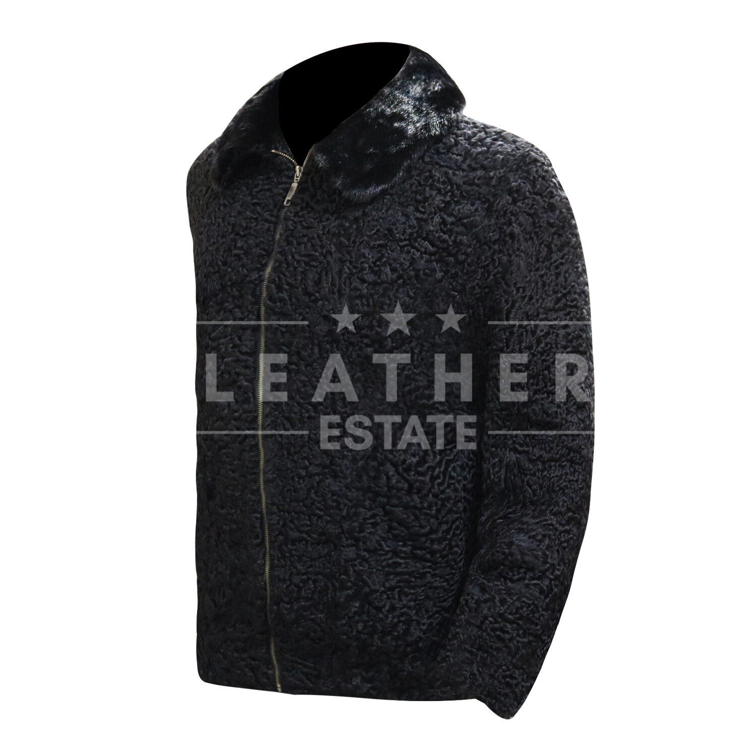 Pre-owned Leather Estate Men's Black Persian Lamb Fur Black Mink Fur Collar Zipper Coat