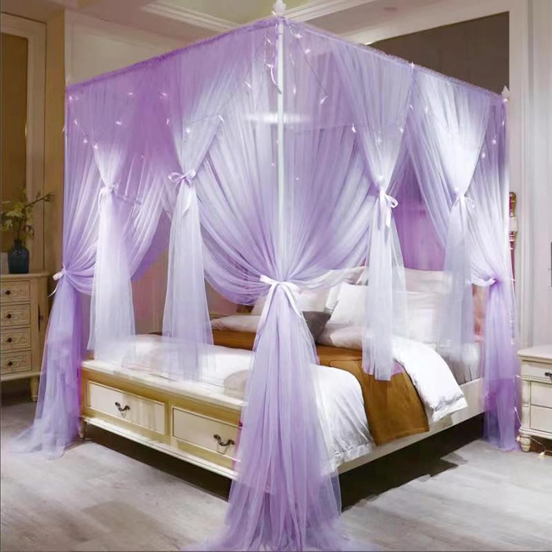 4 Corners Post Princess Bed Canopy Curtain Double Layer Cozy Drape Netting 4 Ope