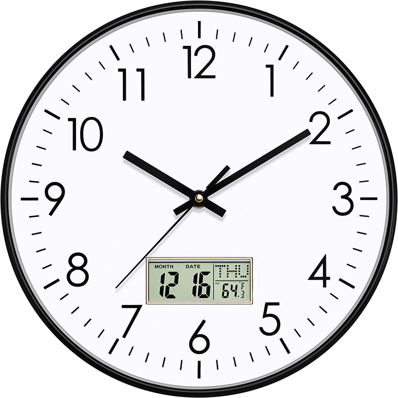 Foxtop Digital Wall Clock with Date, Month, Day of Week and Temperature, 12 Inch