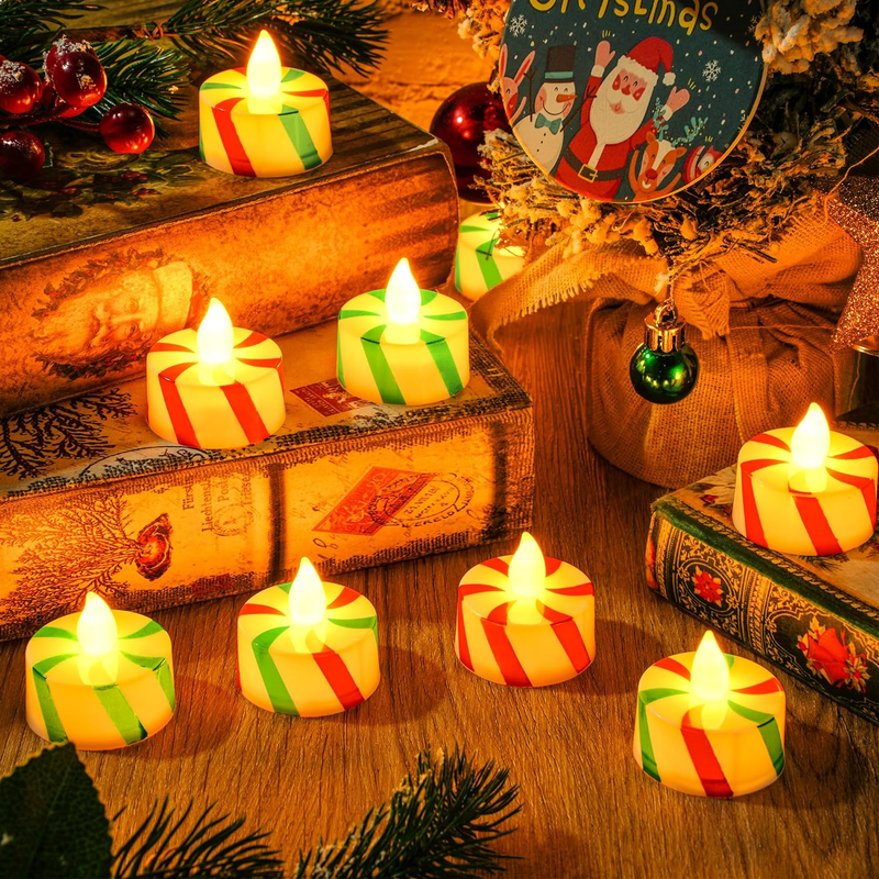 30 Pack Christmas Candy Cane Striped Flameless Tea Light Candles Battery Operate