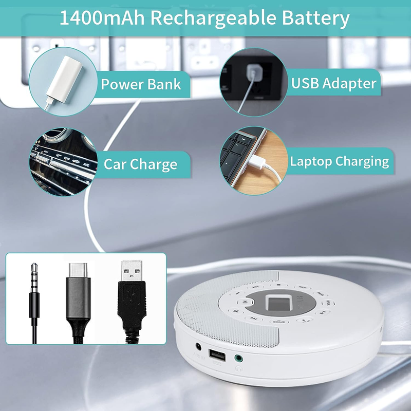 CD Player Portable Bluetooth, Rechargeable CD Player with Speakers Headphones fo