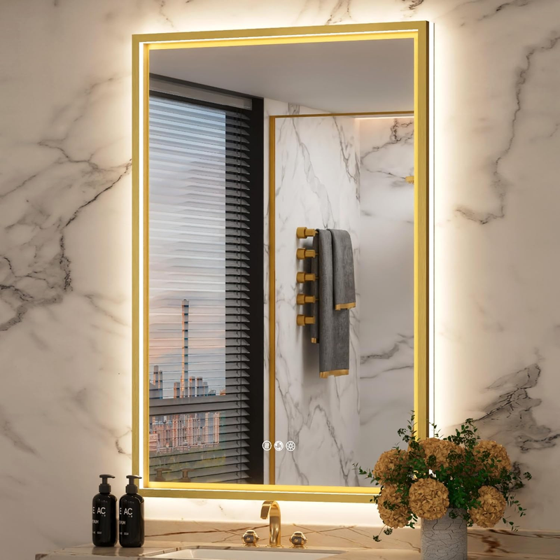 24X36 Inch Gold LED Bathroom Mirror with Front and Back Lights, Adjustable 3000K/4500K/6000K, Wall Mounted Framed Lighted Bathroom Mirror, Dimmable, Anti-Fog, Horizontal/Vertical