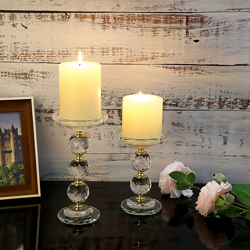 Set of 2 Crystal Glass Pillar Candlestick Holders Votive Candle Holder Set, Deco