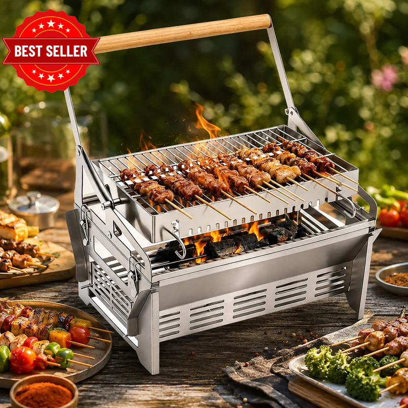 Portable Rotating Charcoal Grill Mini Flip BBQ Grill with Flipping Basket