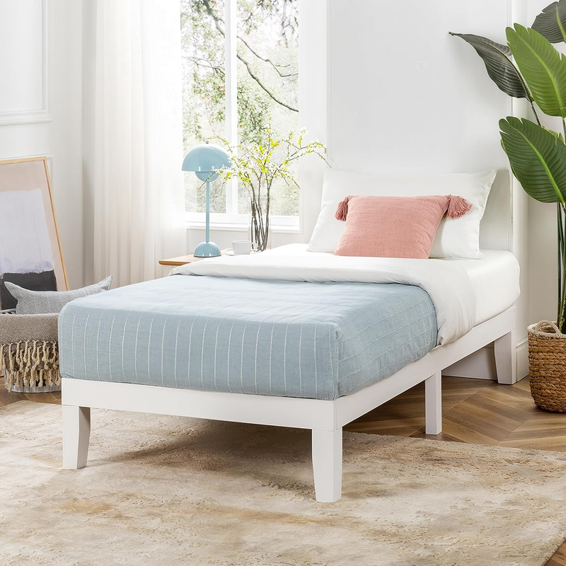 Naturalista Classic 12 Inch Solid Wood Platform Bed with Wooden Slats, Full, Whi