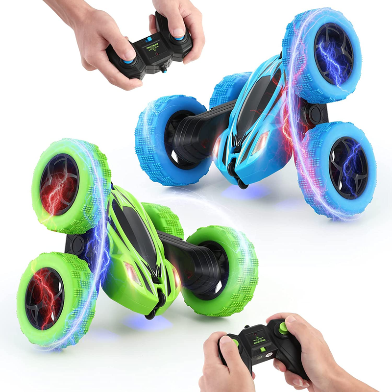 Set of 2 Kids Remote Control Car Toys Double Sided 360&deg;Rotating with LED Lights