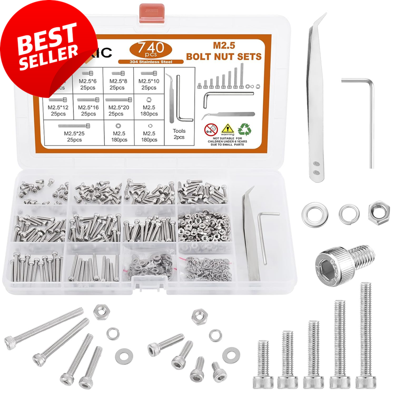 740 Pcs M2.5 Screws Kit, 304 Stainless Steel Nuts, Bolts, Washers,Assortment Set