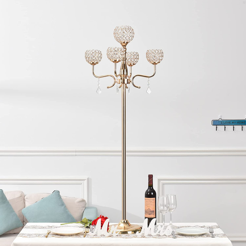 5 Arms Gold Floor Candelabra Candle Holder Centerpiece with Crystal Drops for Di