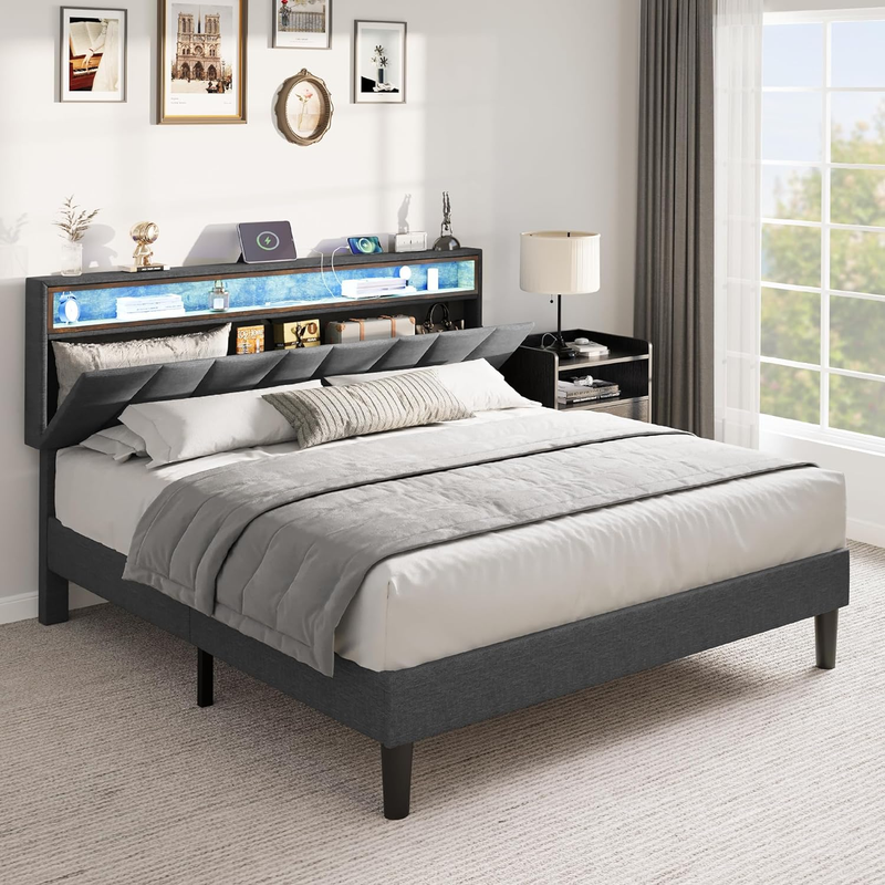 , Led Bed Frame With Storage Bookcase Headboard, Upholstered