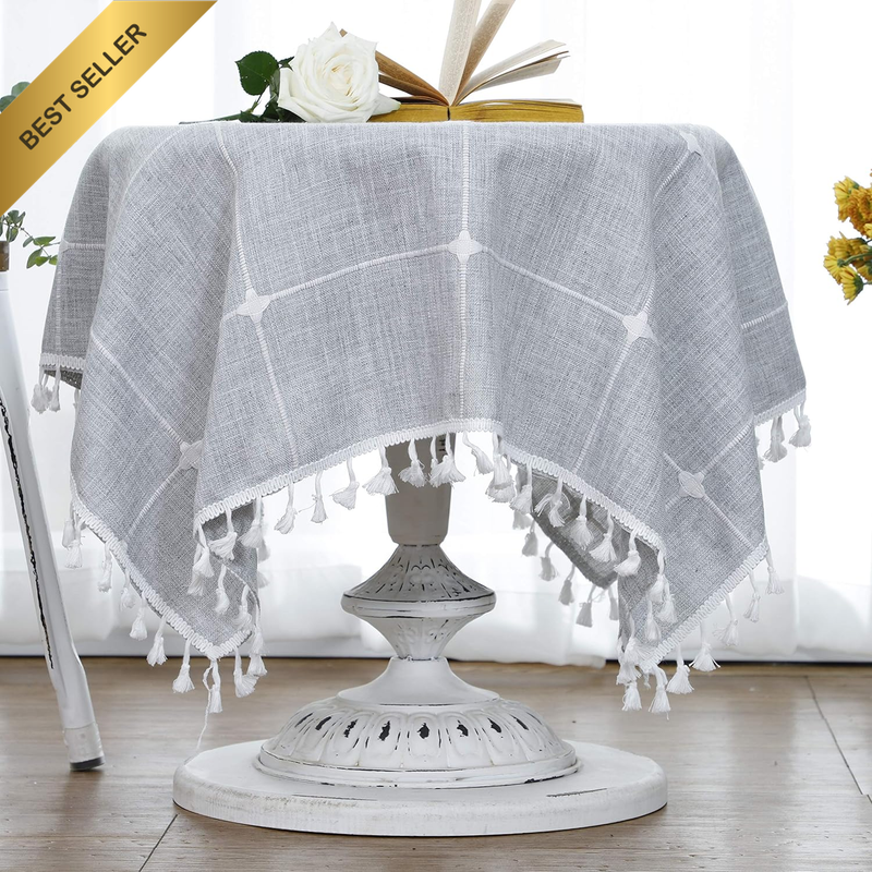 Grey Cotton Linen Checkered Square Tablecloth with Embroidered Tassels. Breathab