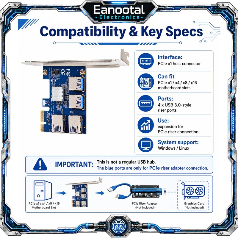 PCIe x1 to 4 USB 3.0 Style Riser Ports Expansion Card, PCI Express Splitter Adap