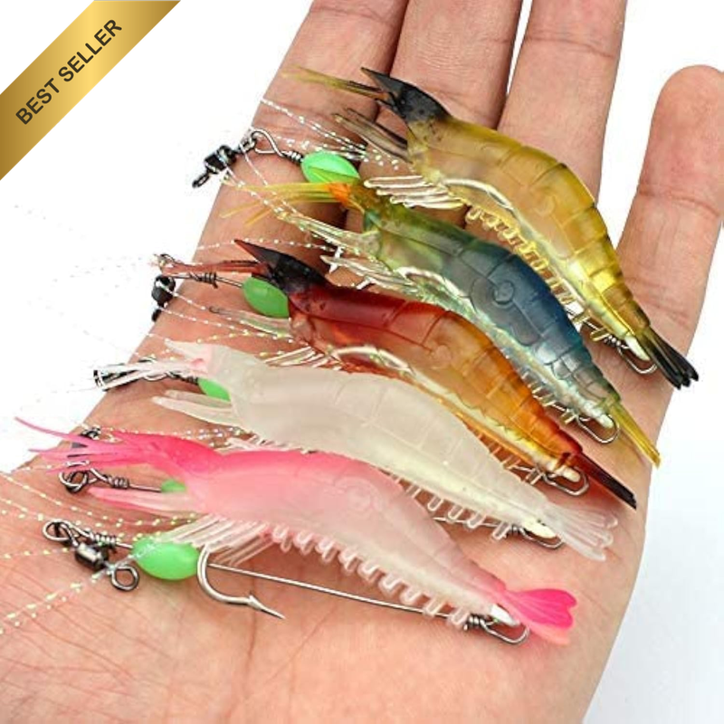 5Pcs Soft Luminous Shrimp Lure Set - 5 Colors Fishing Bait with Hooks Beads Tack