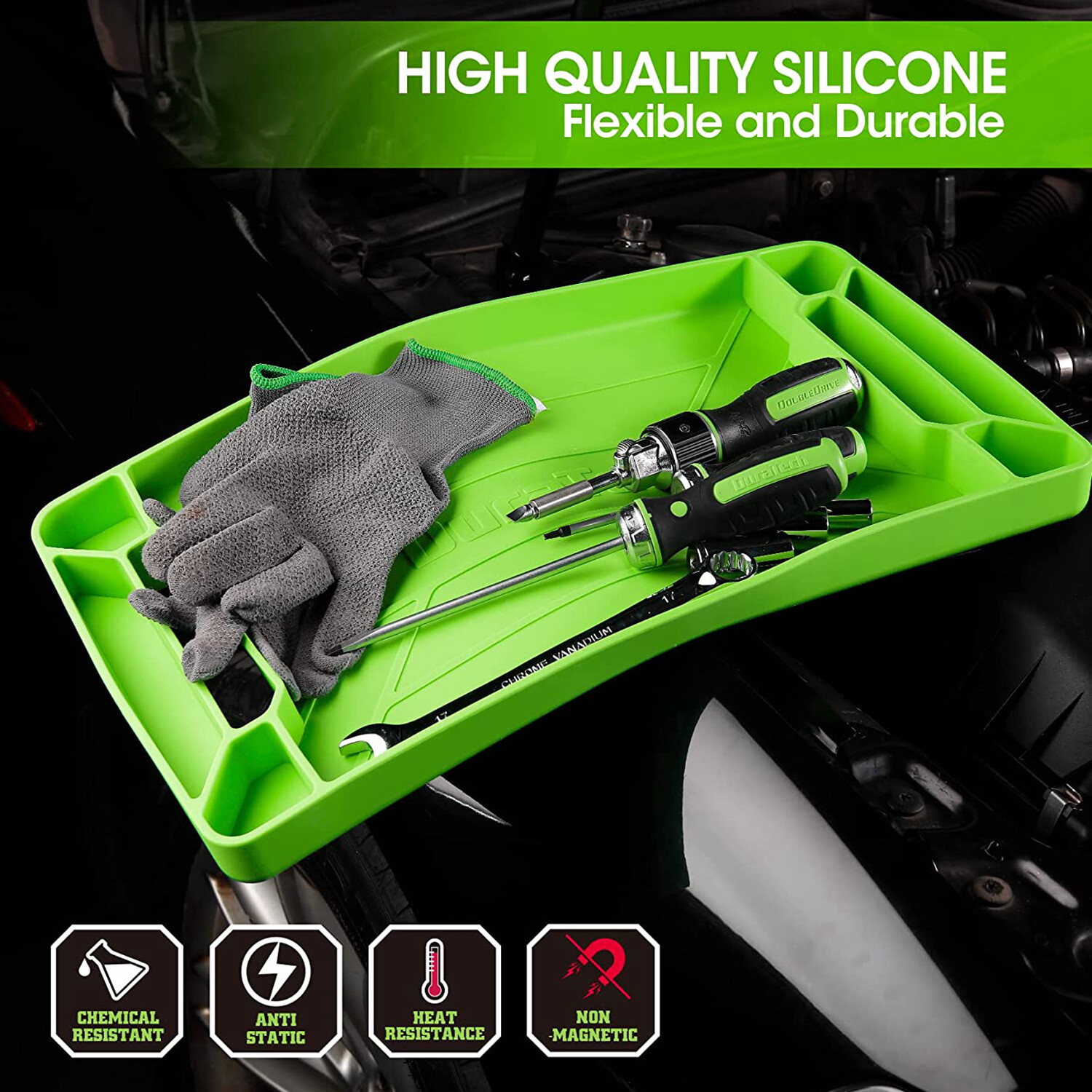 DuraTech 3PC Flexible Tool Tray Silicone Tool Holder for Household Storage Green