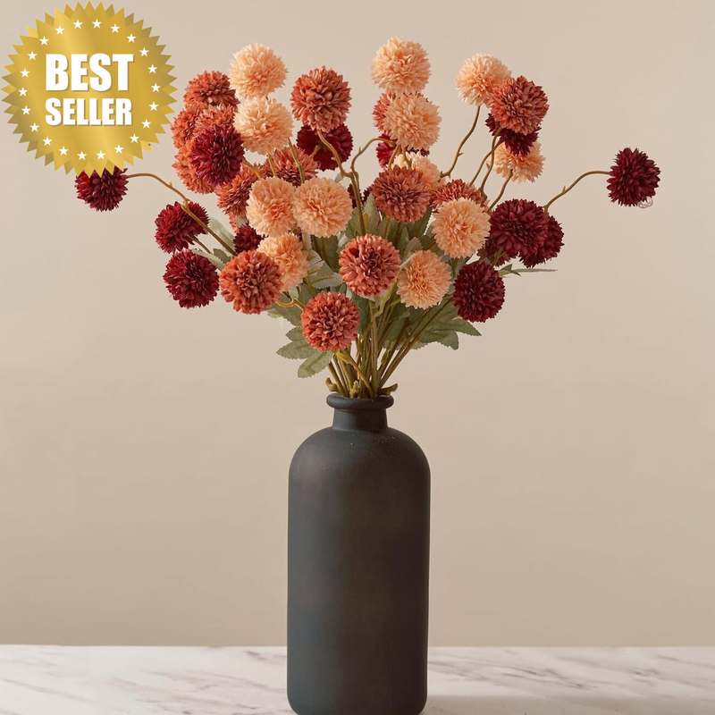 Faux Kiku Flower Fall, Burnt Orange Flowers Artificial 10 Stems Eucalyptus, Asso