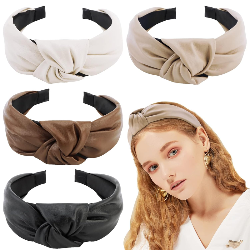 TOBATOBA Leather Headbands for Women, 4Pcs PU Leather Knotted Headband for Women