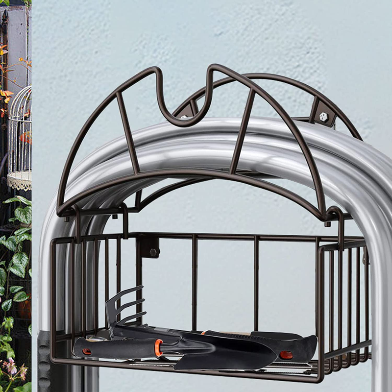 Reel Garden Hose Holder With Tool Storage Basket, Heavy Duty Metal Water Ho