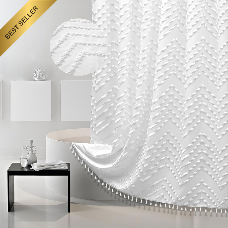 Extra Long Tufted Chevron Fabric Shower Curtain 72x84 White Modern