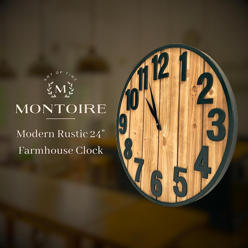Modern Rustic Wood Farmhouse Wall Clock, 24 Inch - Giant Oversized Vintage