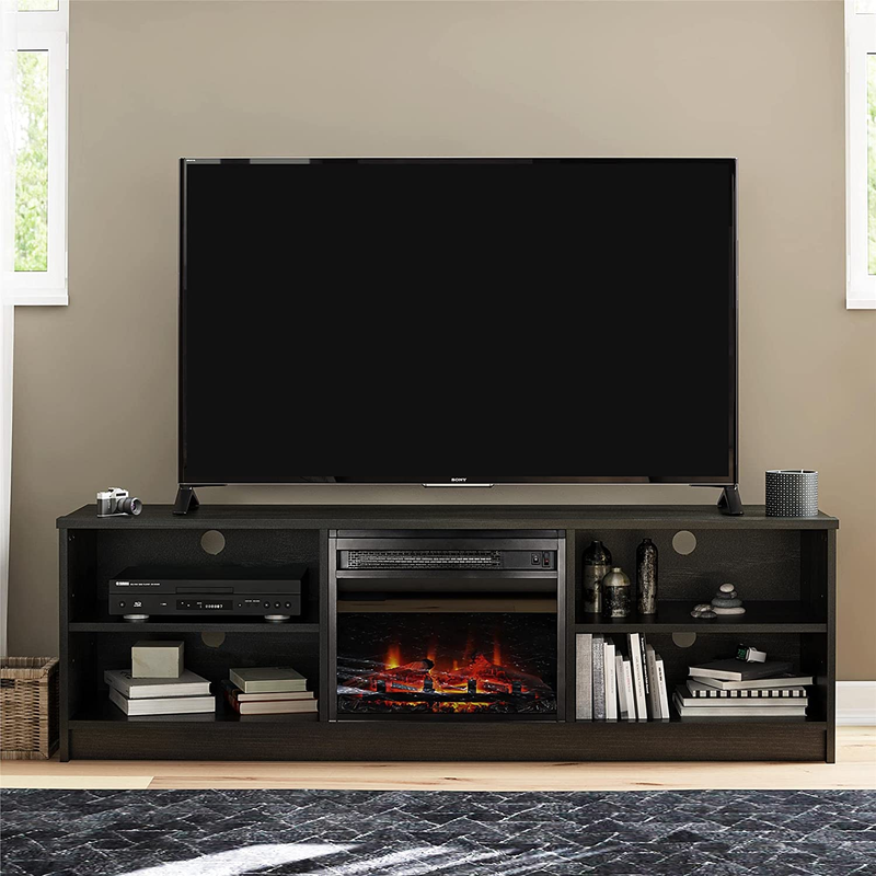 With Electric Fireplace Insert And 4 Shelves, 65”, Black Oak