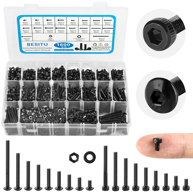 1600Pcs M3 Screw Kit, 12.9 Grade Alloy Steel Hex Socket Button & Cap Head Metric