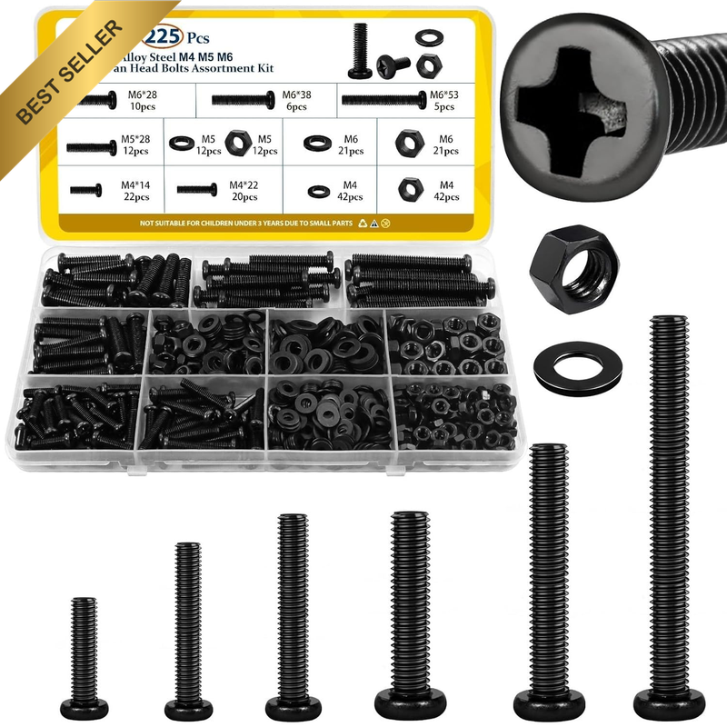 225Pcs Screws and Nuts Assortment Kit,M4 M5 M6 Phillips Pan Head Assorted Nuts a