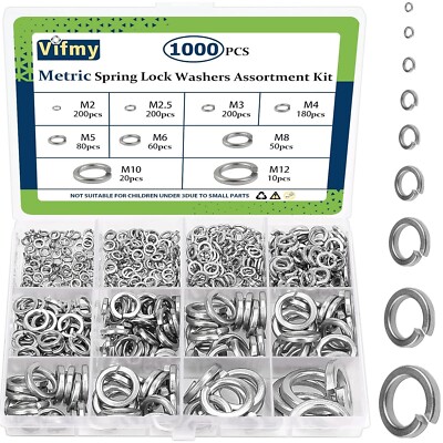 1000PCS Spring Lock Washers Assortment Kit Stainless Steel M2-M12 Metric Split