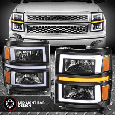 [3D LED DRL +последовательный сигнал] Для 14-15 фар Silverado 1500 Черный/янтарный