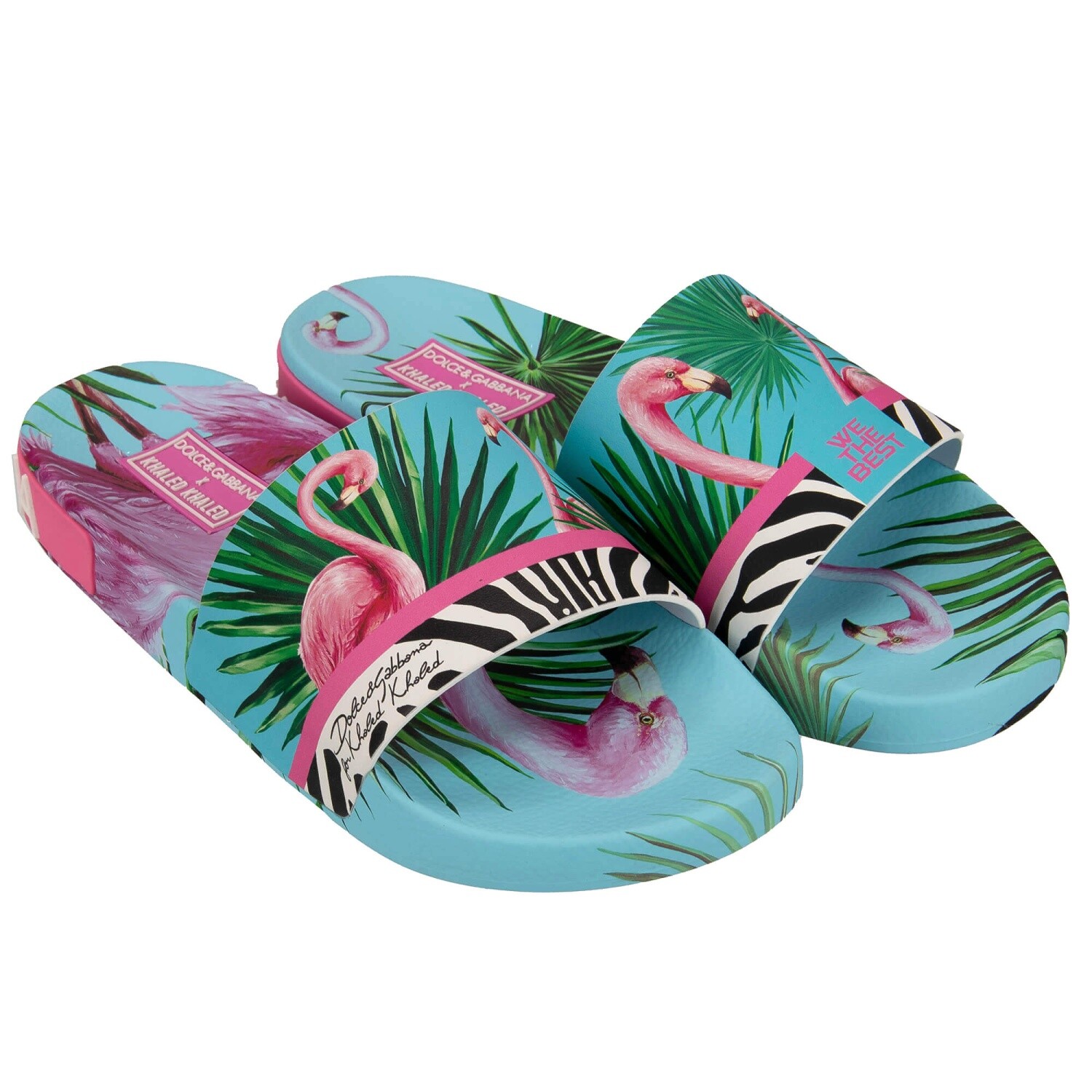 Pre-owned Dolce & Gabbana X Dj Khaled Slides Sandals Shoes Flamingo Zebra Blue Pink 13777