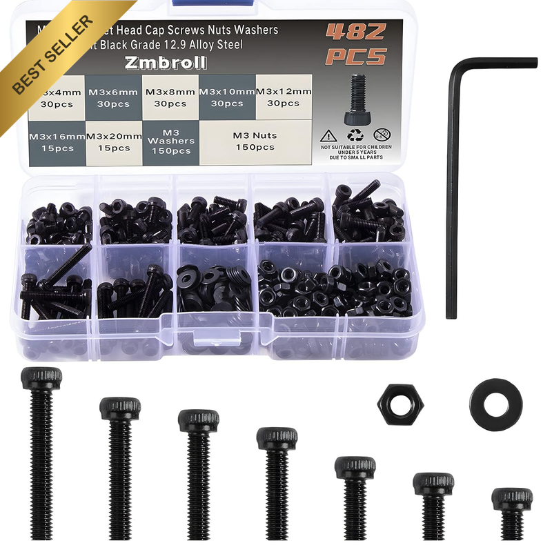 M3 480Pcs Black Hex Socket Screws Metric Thread Hexagon Alloy Steel 12.9 Grade A