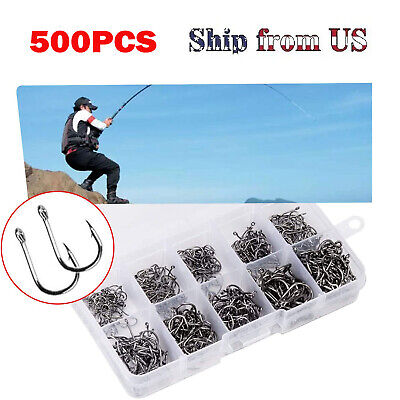 500pcs Fish Hooks 10 Sizes Fishing Black Silver Sharpened With Box Quality kit