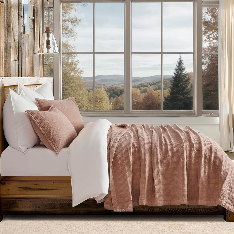 Stonewashed Cotton Quilt Set King Size, Ultra Soft Oversized Bedspread Coverlet Set, Lightweight Crinkle Box Stitch Bedding Sets for All Season, with 2 Matching Shams, Terracotta Clay