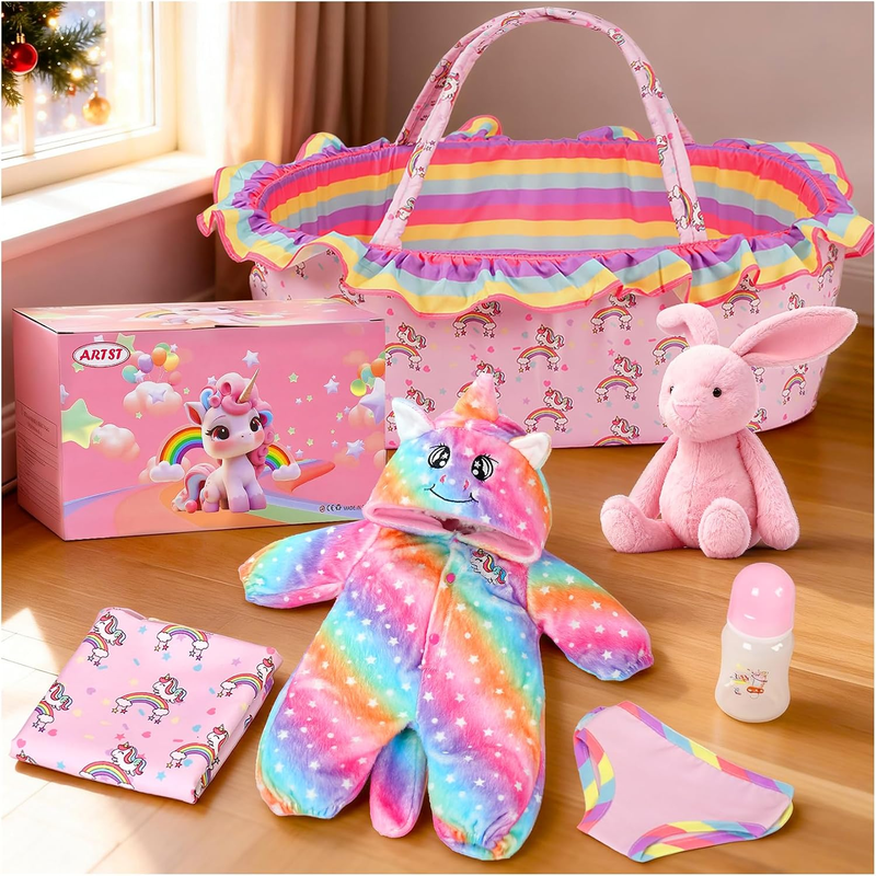 Reborn Baby Doll Accessories with Bassinet, Rainbow Unicorn Doll Clothes Outfit