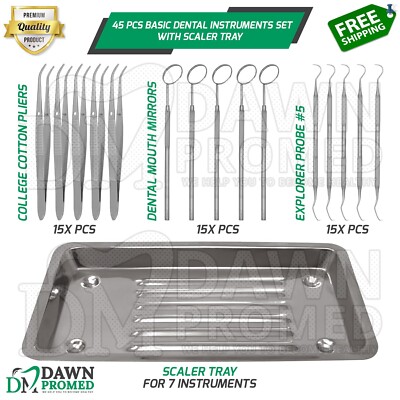45 Basic Dental Instrument Set With Scaler Tray For Teeth Cleaning German Grade