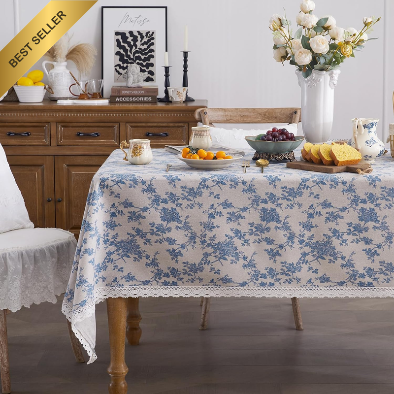 Pastoral Rectangle Tablecloth - Cotton Linen Washable Table Cloth with Blue Flor